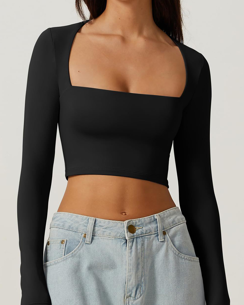 Vibecurve® Women's Sexy Square Neck Cropped Tops Long Sleeve Slim Fit Cropped T-Shirt