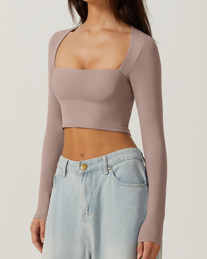 Vibecurve® Women's Sexy Square Neck Cropped Tops Long Sleeve Slim Fit Cropped T-Shirt