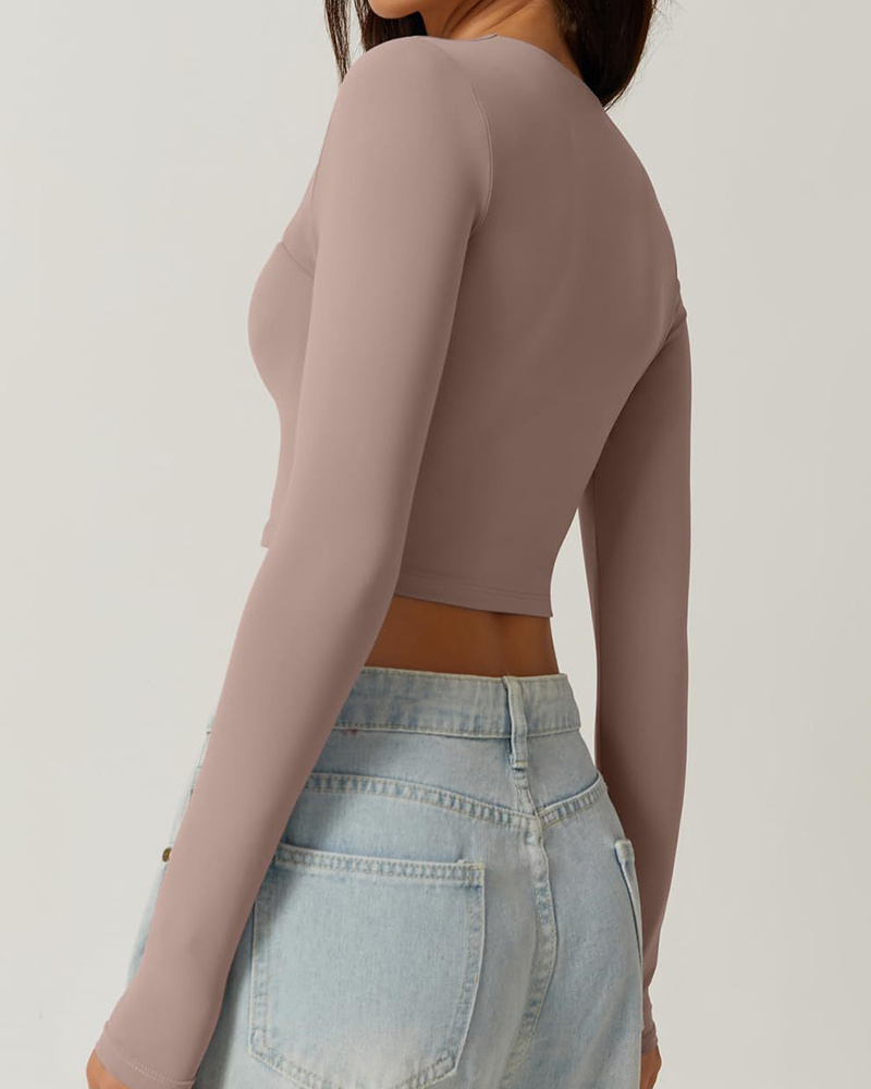 Vibecurve® Women's Sexy Square Neck Cropped Tops Long Sleeve Slim Fit Cropped T-Shirt