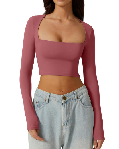 Vibecurve® Women's Sexy Square Neck Cropped Tops Long Sleeve Slim Fit Cropped T-Shirt