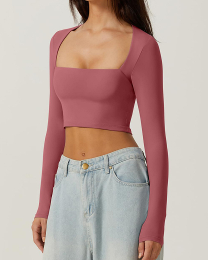 Vibecurve® Women's Sexy Square Neck Cropped Tops Long Sleeve Slim Fit Cropped T-Shirt