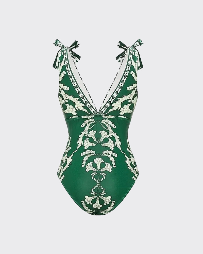 Vibecurve® V Neck Lace Up Printed One Piece Swimsuit and Skirt