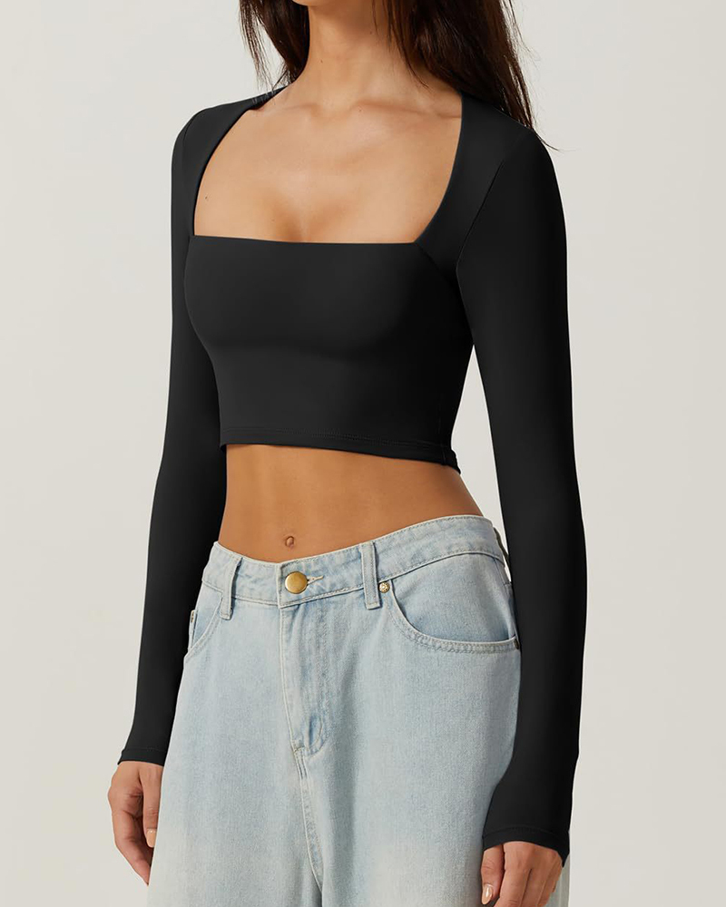 Vibecurve® Women's Sexy Square Neck Cropped Tops Long Sleeve Slim Fit Cropped T-Shirt