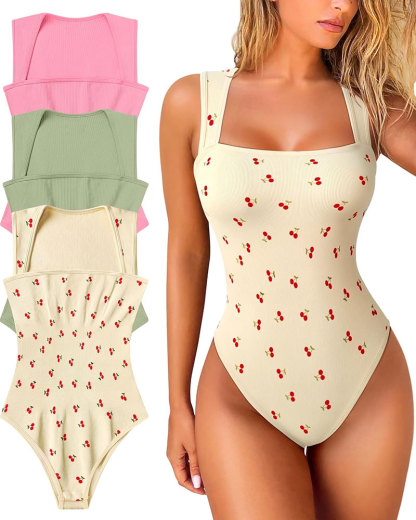 Sexy Ribbed Strappy Square Neck Sleeveless Tummy Control Tank Tops Bodysuits