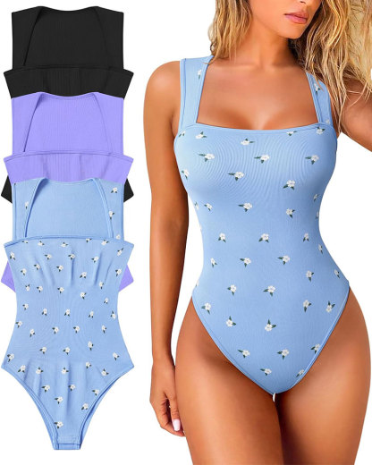 Sexy Ribbed Strappy Square Neck Sleeveless Tummy Control Tank Tops Bodysuits