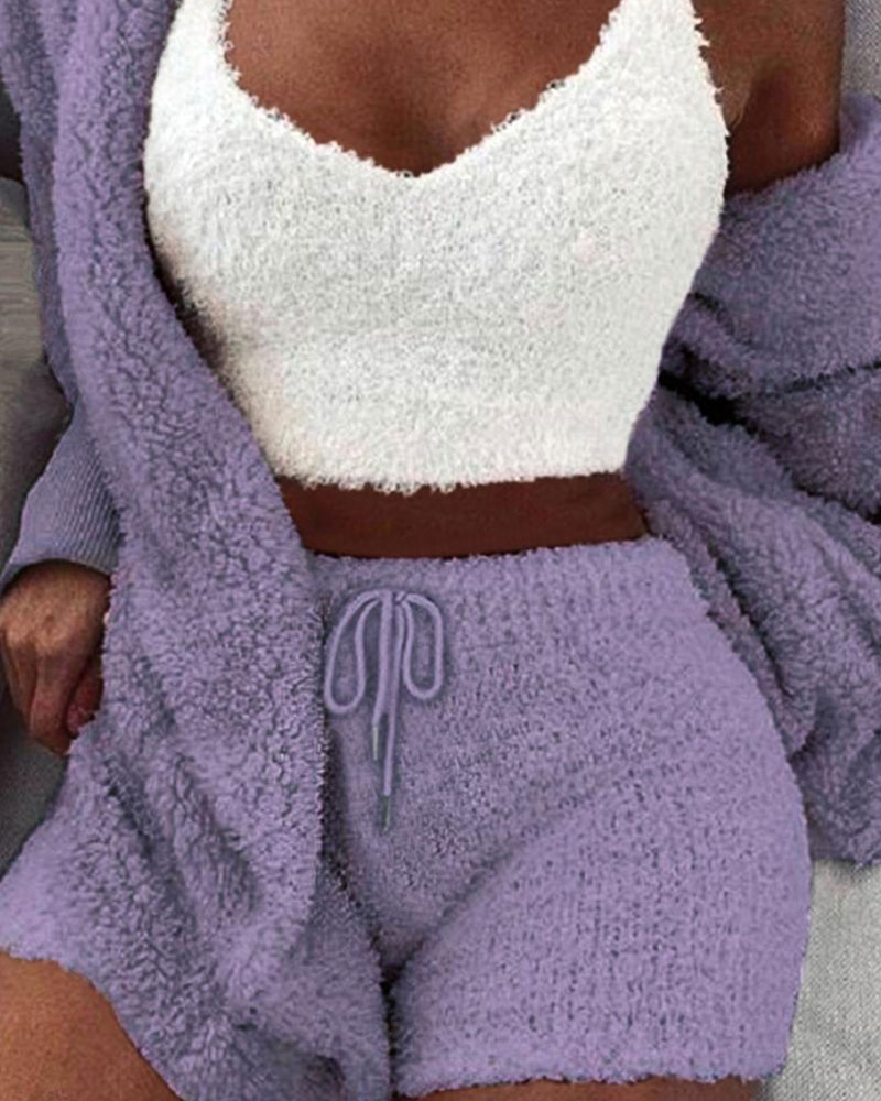 Vibecurve® Solid Color Plush Three-piece Pyjama Set, Fluffy Pajamas