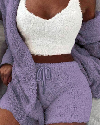 Vibecurve® Solid Color Plush Three-piece Pyjama Set, Fluffy Pajamas