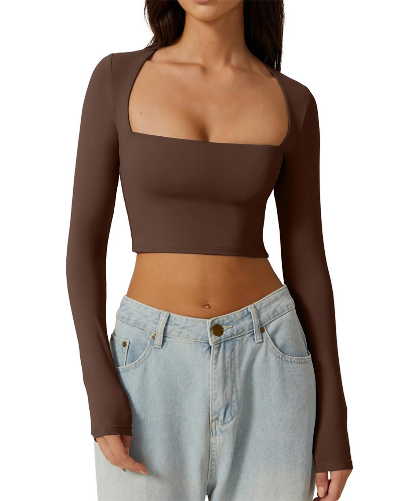 Vibecurve® Women's Sexy Square Neck Cropped Tops Long Sleeve Slim Fit Cropped T-Shirt