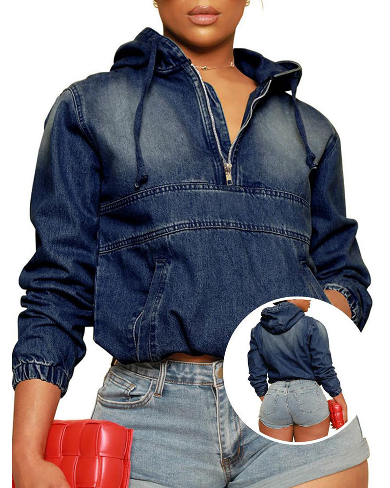 Vibecurve® Half Zip Denim Hoodie Pullover Jacket Jean Tops Casual