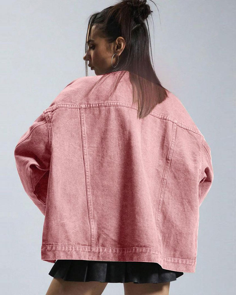Vibecurve® Plain Button Front Drop Shoulder Denim Coat