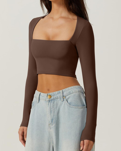Vibecurve® Women's Sexy Square Neck Cropped Tops Long Sleeve Slim Fit Cropped T-Shirt