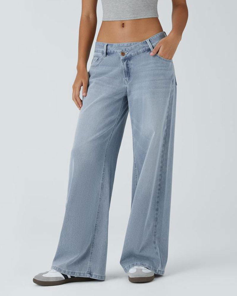 Vibecurve® Asymmetric Low Rise Zipper Pockets Baggy Wide Leg Washed Casual Jeans