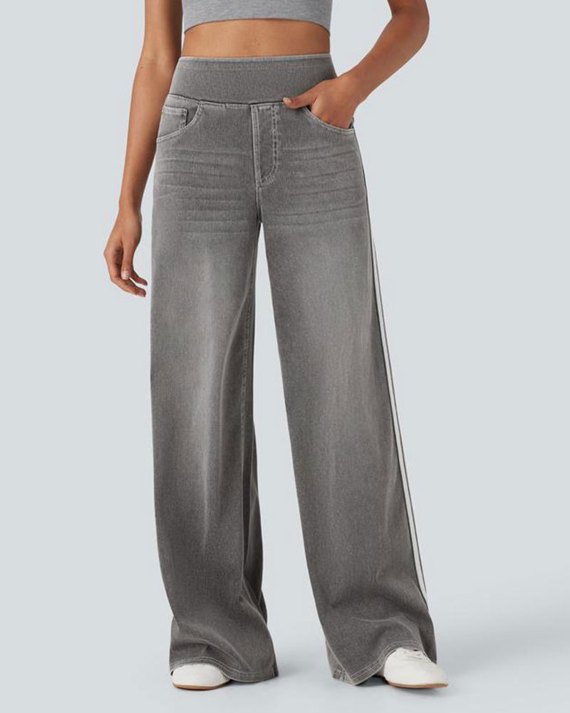 Vibecurve® High Waisted Stripe Wide Leg Flowy Washed Casual Jeans with Pockets
