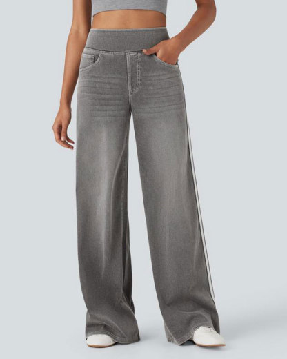 Vibecurve® High Waisted Stripe Wide Leg Flowy Washed Casual Jeans with Pockets