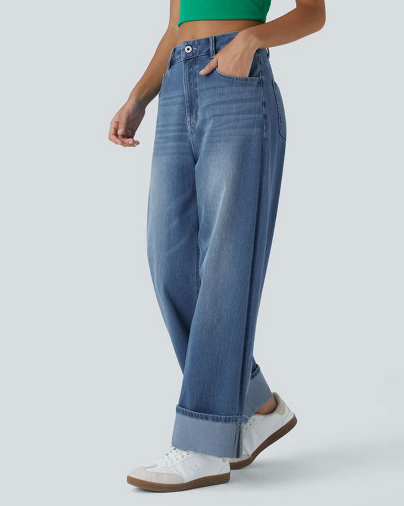 Vibecurve® High Waisted Pockets Rolled Hem Wide Leg Washed Casual Jeans