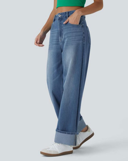 Vibecurve® High Waisted Pockets Rolled Hem Wide Leg Washed Casual Jeans