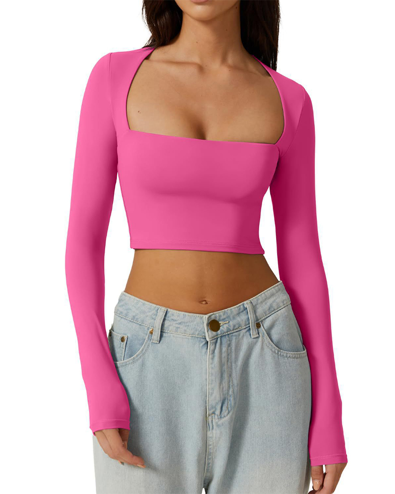 Vibecurve® Women's Sexy Square Neck Cropped Tops Long Sleeve Slim Fit Cropped T-Shirt