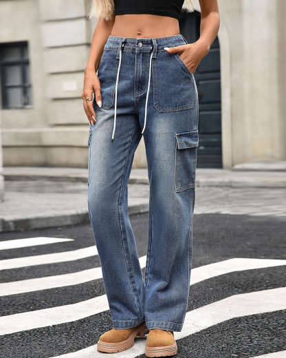 Vibecurve® High Waisted Tied Cargo Pants,2 Flap Pocket Trousers For Ladies