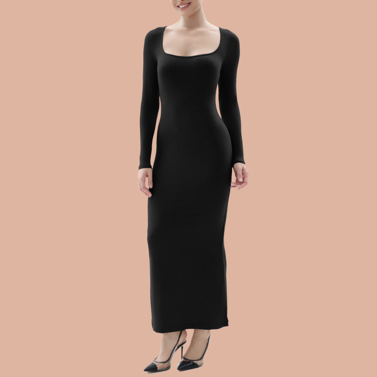 Vibecurve Women's Long Sleeve Dress Soft Lounge  Ribbed Square Neck Dresses Vibecurve