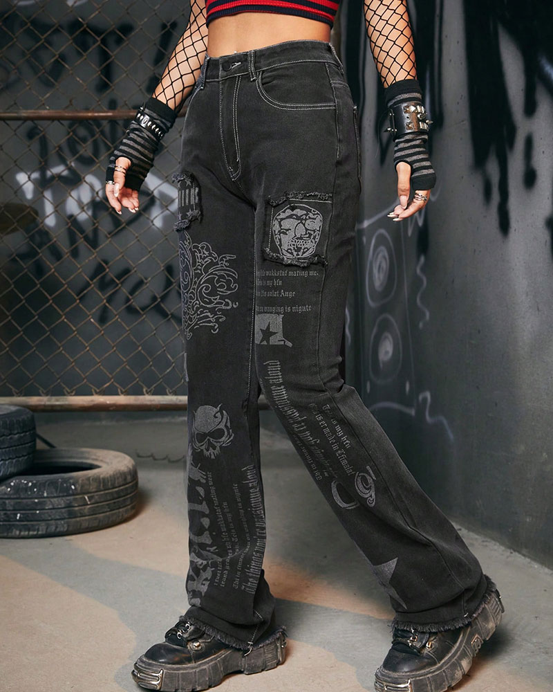 Vibecurve® Grunge Punk Skull & Letter Graphic Jeans Without Belt, School