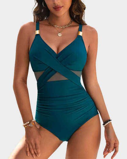 Vibecurve® Metallic Accent Mesh Panel One-Piece Swimsuit