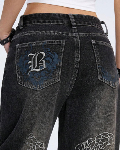 Vibecurve® Grunge Punk Denim Boyfriend Low-Rise Wide-Leg Jeans