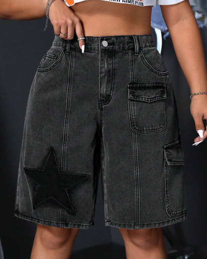 Vibecurve® Grunge Punk Unisex Punk Street Style Star Design 3D Pocket Distressed Washed Denim Bermuda Shorts