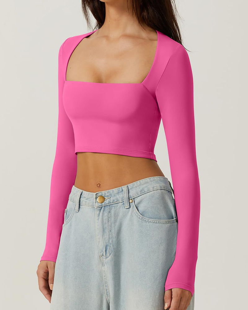 Vibecurve® Women's Sexy Square Neck Cropped Tops Long Sleeve Slim Fit Cropped T-Shirt