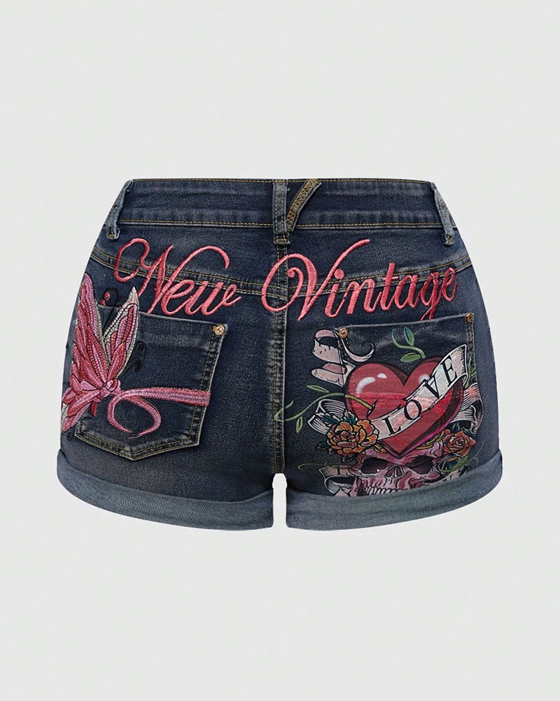 Vibecurve® Fairycore Y2K Vintage Sexy Distressed Butterfly & Skeleton Embroidered Low Waist Denim Shorts