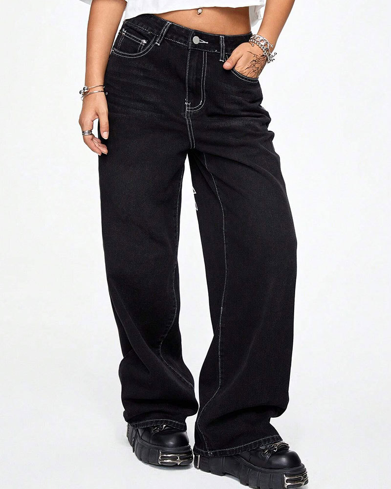 Vibecurve® Grunge Punk Women's Halloween Cross & Vine Wing Print Wide Leg Boy Friend Jeans