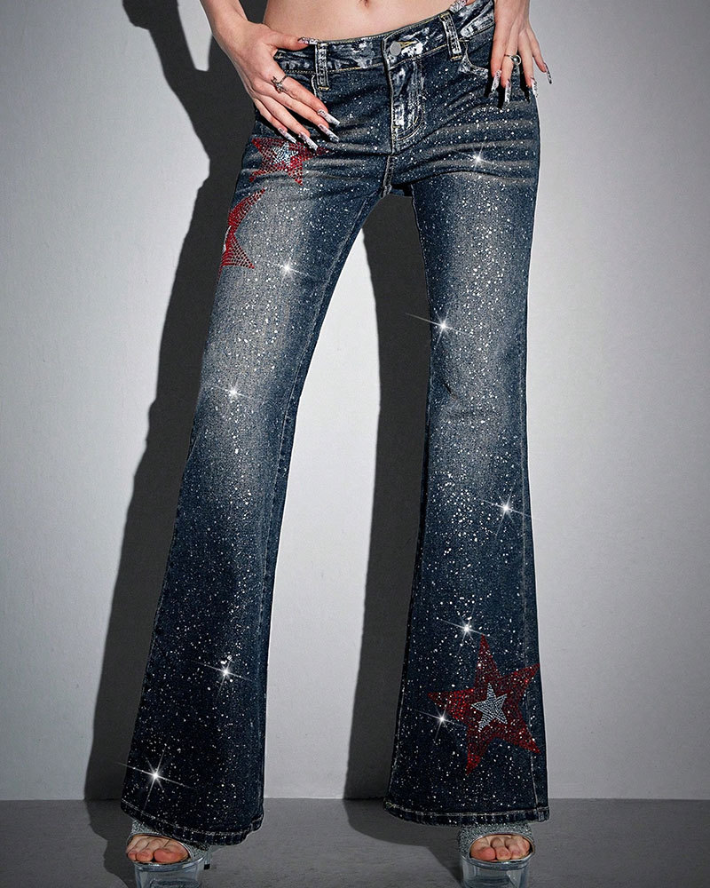 Vibecurve® Avant Y2K Sexy Low-Waist Skinny Star Foil Detail Flared Women Jeans