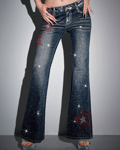 Vibecurve® Avant Y2K Sexy Low-Waist Skinny Star Foil Detail Flared Women Jeans