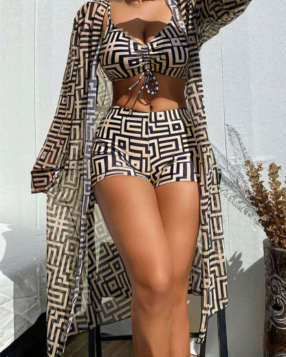 Vibecurve® Three-Piece Set Women's Geometric PrintDrawstring Swimsuit Set