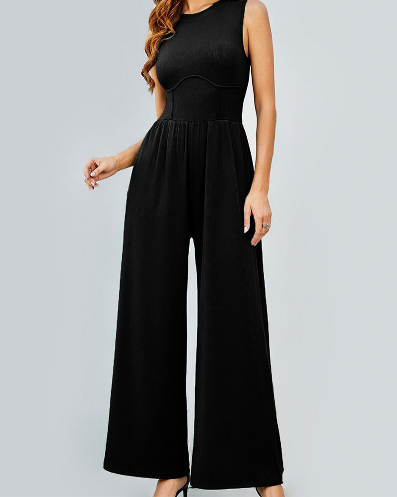 Vibecurve®Women Jumpsuit Wide Leg Sleeveless Neck Pleated Commute Tight Waist Office Outfit