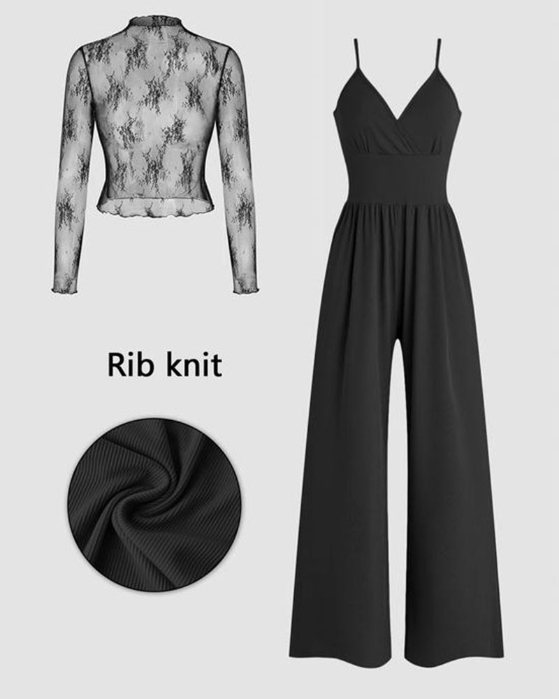 Vibecurve® Women's Solid Color Lace Tee & Pocket Jumpsuit Two-piece Set