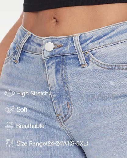 Vibecurve®Mid-low Rise Baggy Jeans Stretchy Wide Leg for Women Distressed Pants