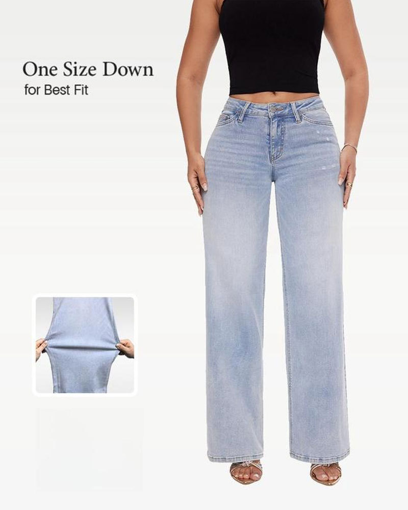 Vibecurve®Mid-low Rise Baggy Jeans Stretchy Wide Leg for Women Distressed Pants