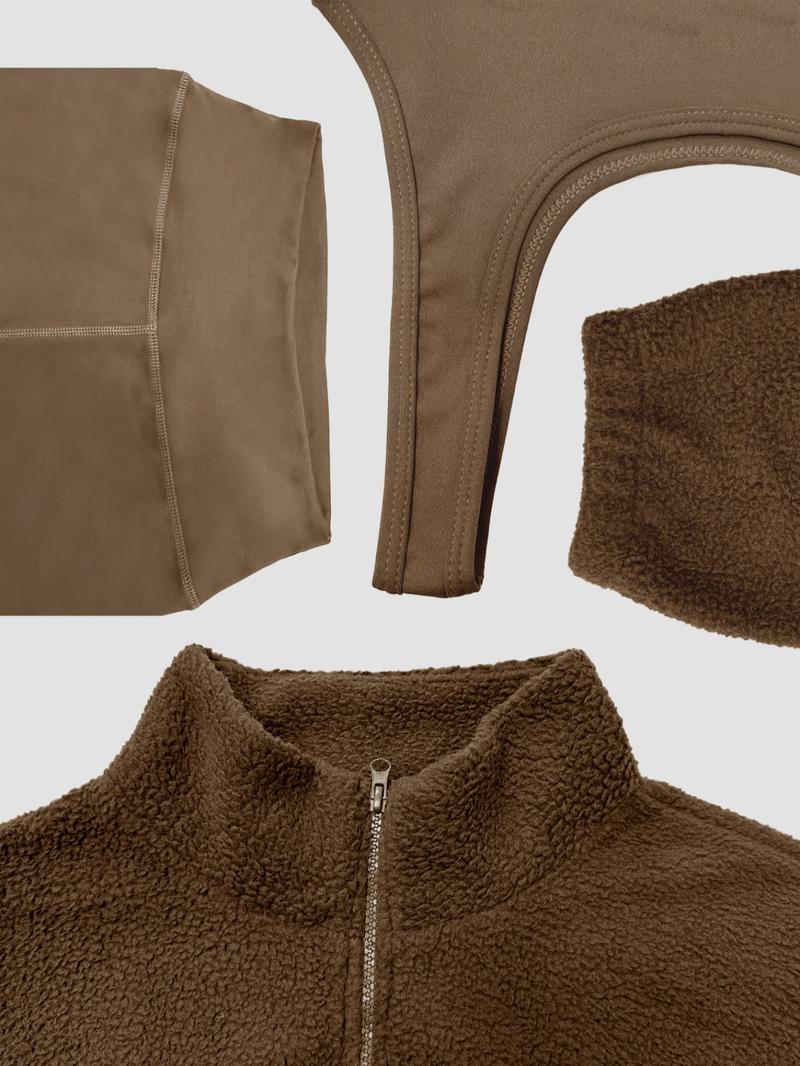 Women's Solid Thermal Lined Tracksuit Set, Sporty Casual Comfy Breathable Three-piece Outfits for Gym Workout Running, Valentine's Day Gift for Girl