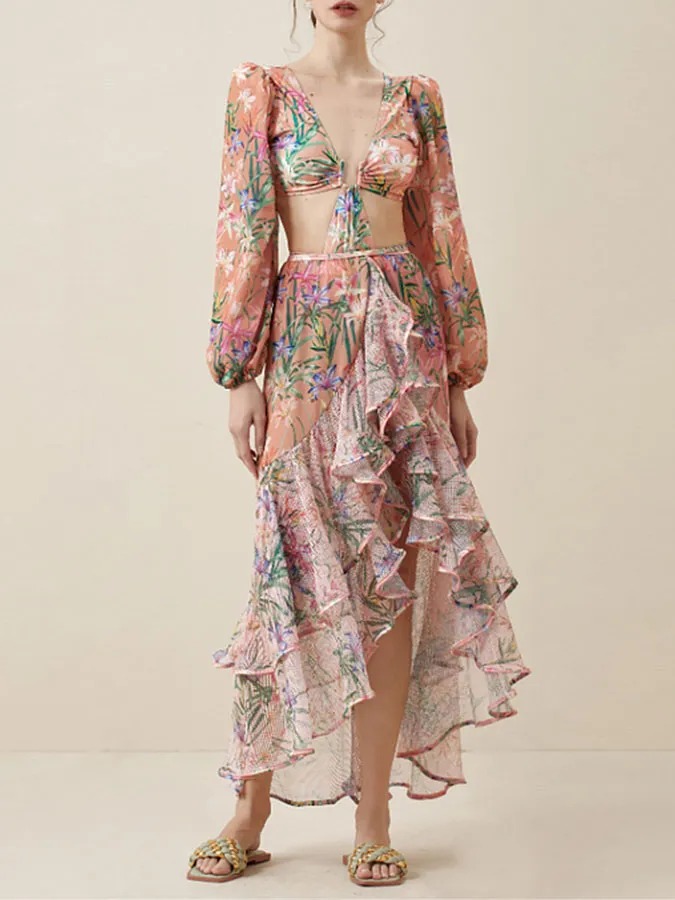 Vibecurve® Women's One Piece Swimsuit with Beach Cover up Wrap Skirt Sarong Retro Floral Print Bikini Set Two Piece Bathing Suit