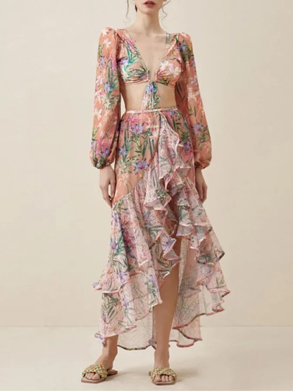 Vibecurve® Women's One Piece Swimsuit with Beach Cover up Wrap Skirt Sarong Retro Floral Print Bikini Set Two Piece Bathing Suit