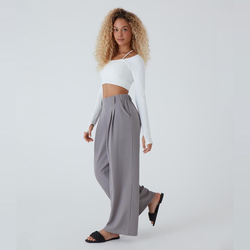 Vibecurve® High Waisted Plicated Side Pocket Wide Leg Waffle Work Pants