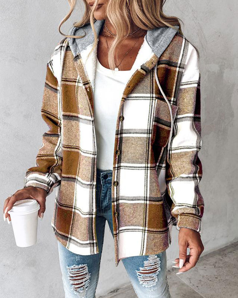 Vibecurve® Plaid Pattern Long Sleeve Shacket Button Down Fleece Lined Hooded Jackets Warm Coat