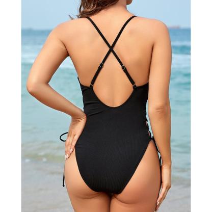Vibecurve® Women Sexy Lace Up One PieceSwimsuit Deep Plunge V Neck Bathing Suits Tummy Control Swimwear 