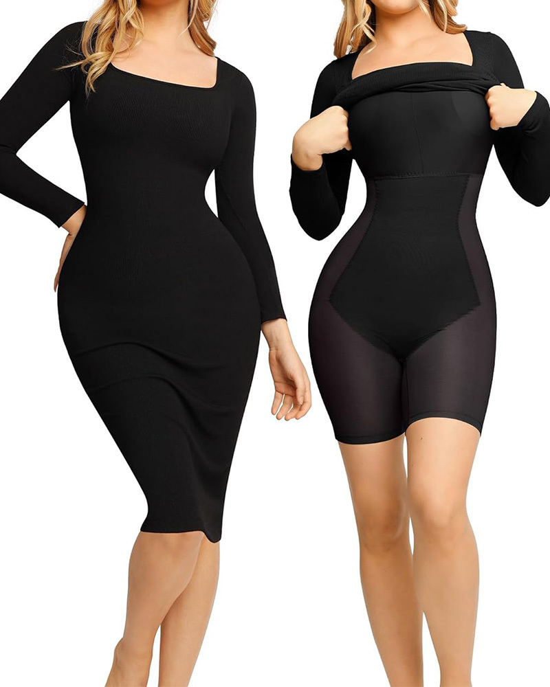 Vibecurve® Built-In Shapewear Square Neck Long Sleeve Dress