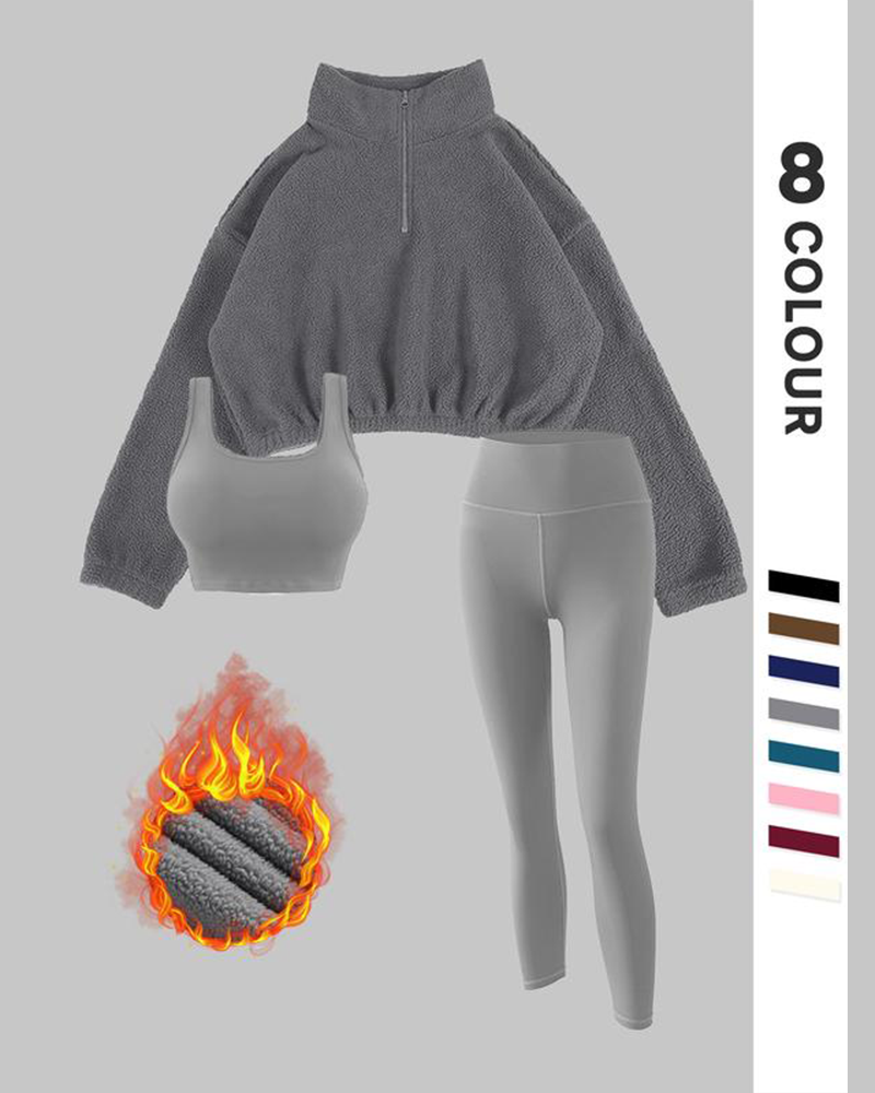 Vibecurve® Solid Thermal Lined Tracksuit Set, Sporty Casual Comfy Breathable Three-piece Outfits