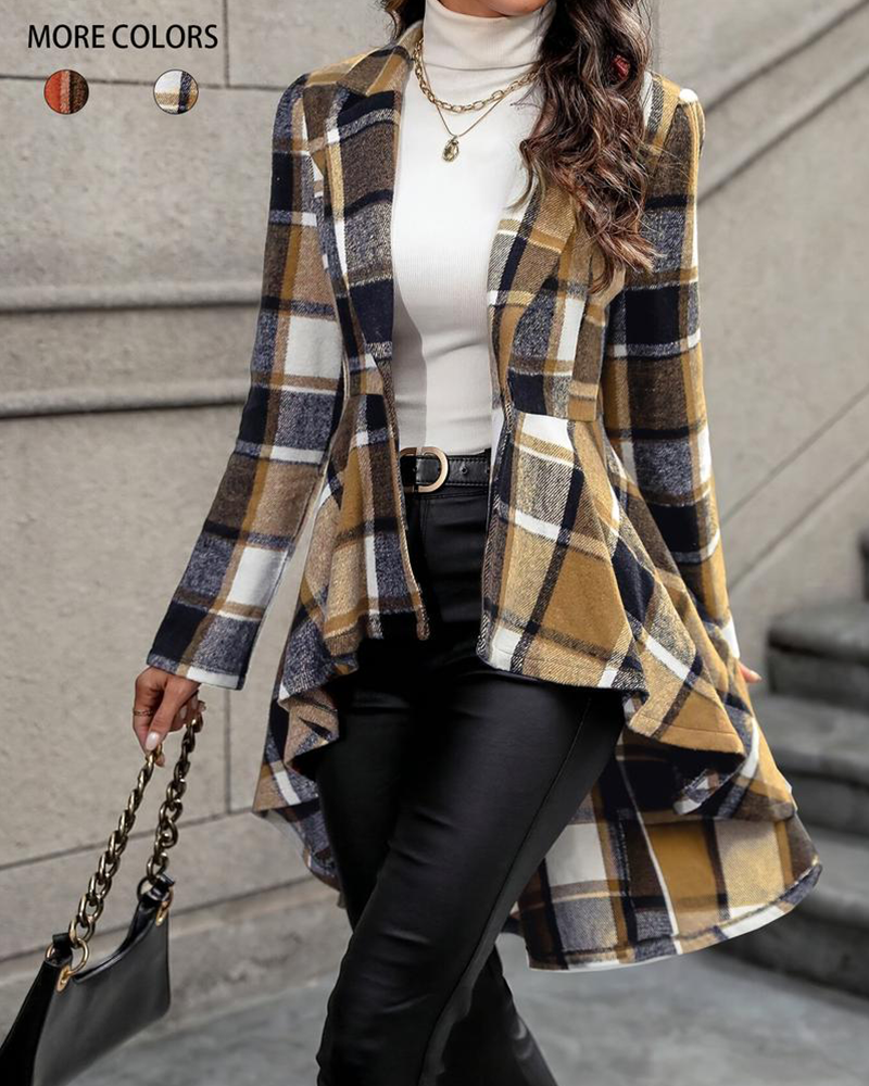 Vibecurve® Women's Plaid Print Button High Low Hem Jacket