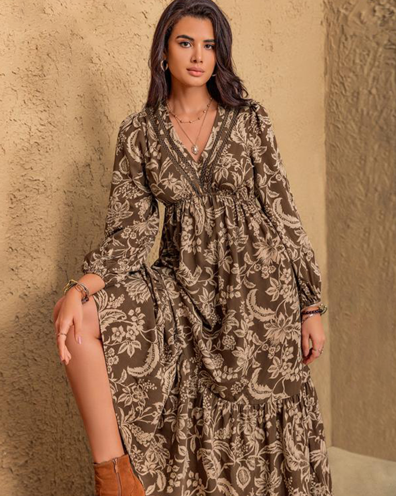Vibecurve® Floral Print Contrast Lace Long Sleeve Ruffle Hem Dress