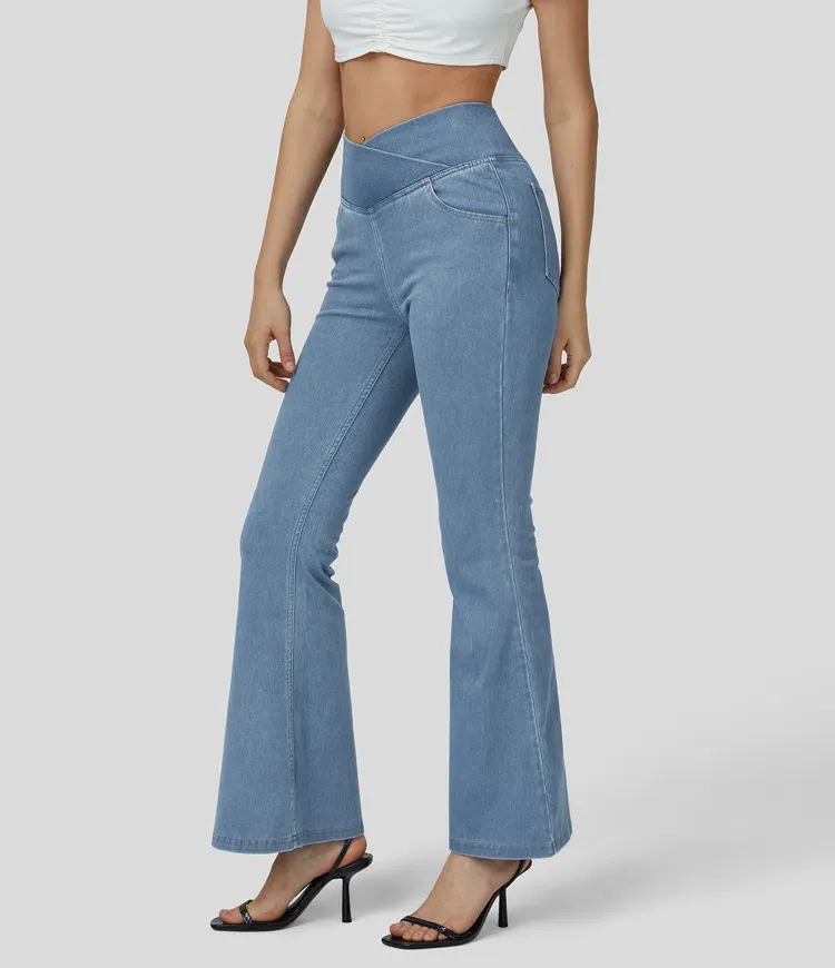 Vibecurve® High Waisted Crossover Pocket Washed Stretchy Knit Casual Super Flare Jeans