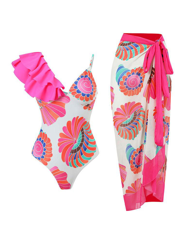 Vibecurve® Floral Print Ruffles Strap One Piece With Bathing Suit Wrap Skirt