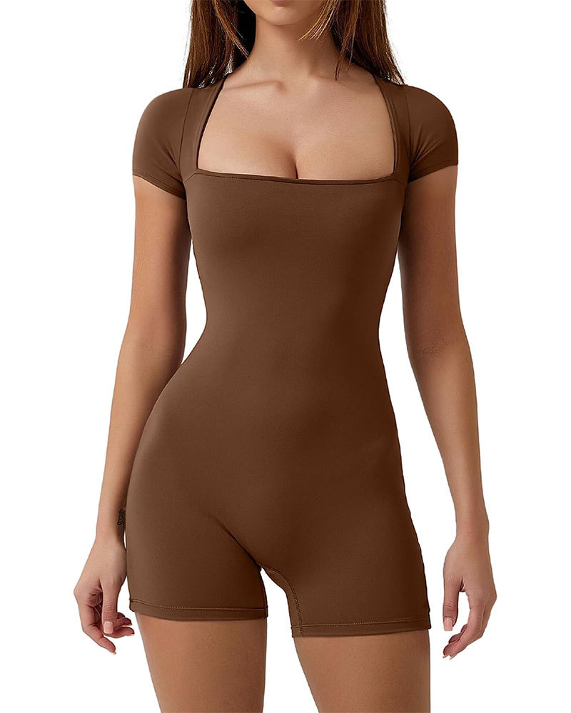 Women's Short Sleeve Bodycon Romper Stretchy Square Neck Sexy Unitard Jumpsuit